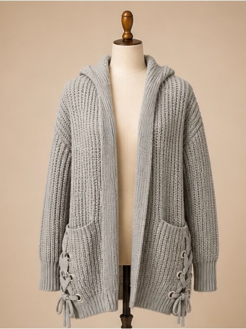 No Boundaries Light Gray Hooded Open-Front Cardigan with Lace-Up Pockets